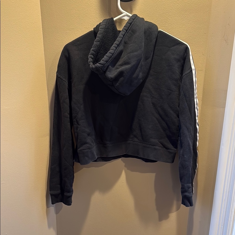 Adidas Black Cropped Hoodie with White Stripes size XS women good condition - Picture 3 of 3